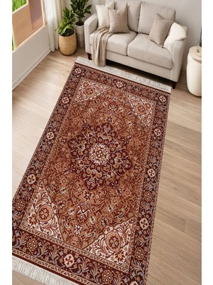 Alanur Home Alanur Kaymaz Yıkanabilir Dijital Baskılı Salon Halısı Yıldız Deri Saçaklı Otantik E6001 Renkli