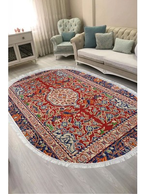 Alanur Home Alanur Kaymaz Yıkanabilir Dijital Baskılı Salon Halısı  Trend Saçaklı Oval Otantik E6003 Renkli