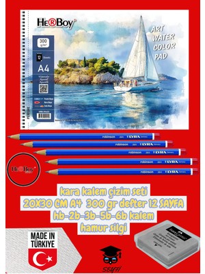 Kara Kalem Çizim Seti 20X30 cm A4 300 gr Defter 12 Sayfa Hb-2b-3b-5b-6b Kalem Hamur Silgi