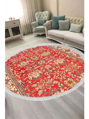 Alanur Home Alanur Kaymaz Yıkanabilir Dijital Baskılı Salon Halısı  Trend Saçaklı Yuvarlak Otantik E6005 Renkli