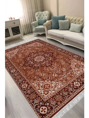Alanur Home Alanur Kaymaz Yıkanabilir Dijital Baskılı Salon Halısı  Trend Saçaklı Otantik E6001 Renkli