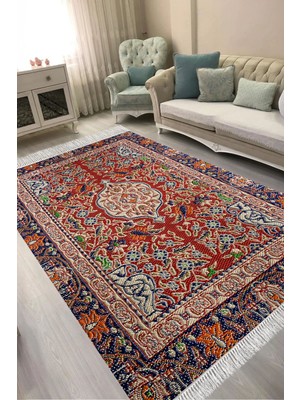 Alanur Home Alanur Kaymaz Yıkanabilir Dijital Baskılı Salon Halısı  Trend Saçaklı Otantik E6003 Renkli