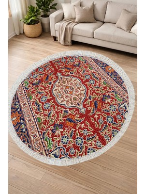 Alanur Home Alanur Kaymaz Yıkanabilir Dijital Baskılı Salon Halısı Yıldız Deri Saçaklı Yuvarlak Otantik E6003 Renkli