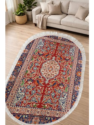 Alanur Home Alanur Kaymaz Yıkanabilir Dijital Baskılı Salon Halısı Yıldız Deri Saçaklı Oval Otantik E6003 Renkli