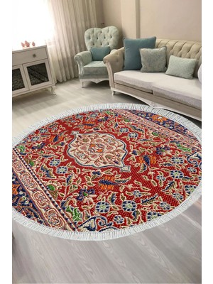 Alanur Home Alanur Kaymaz Yıkanabilir Dijital Baskılı Salon Halısı  Trend Saçaklı Yuvarlak Otantik E6003 Renkli