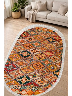 Alanur Home Alanur Kaymaz Yıkanabilir Dijital Baskılı Salon Halısı Yıldız Deri Saçaklı Oval Otantik E6004 Renkli