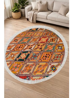 Alanur Home Alanur Kaymaz Yıkanabilir Dijital Baskılı Salon Halısı Yıldız Deri Saçaklı Yuvarlak Otantik E6004 Renkli
