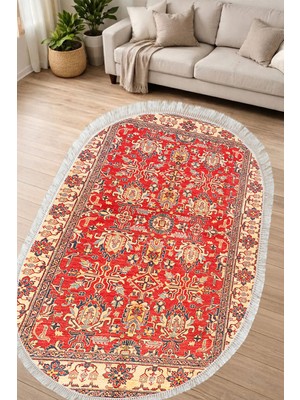 Alanur Home Alanur Kaymaz Yıkanabilir Dijital Baskılı Salon Halısı Yıldız Deri Saçaklı Oval Otantik E6005 Renkli