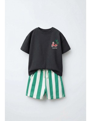 Magu Erkek Çocuk Pamuklu Siyah California Baskılı T-Shirt ve Çizgili Şort Takım