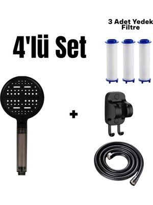 Deyhome 4'lü Set 6 Fonksiyonlu Masajlı Filtreli Duş Başlığı + Yapışkanlı Mafsal (Askı) + 150 cm Örgülü Hortum+3 Adet Yedek Filtre