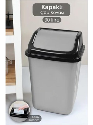 abnturk Plastik Kapaklı 30 Litre Çöp Kovası Ev Ofis Mutfak Banyo Çöp Kovası