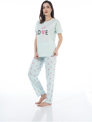 Estiva 22123 Kadın Kalp Desenli Kısa Kollu Viskon Pijama Takımı