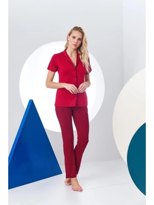 Pjs 24156 Kadın Çizgili Düğmeli Pijama Takım