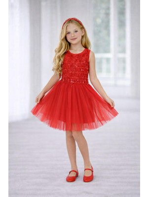 Dıgıl Kids Kırmızı Renk Tül Detaylı Kız Çocuk Elbise