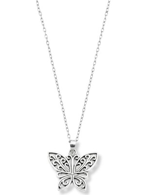 Oya Silver Zambak Desenli Gümüş Kelebek Kolye 2.5x2.4 cm [OYSY237]