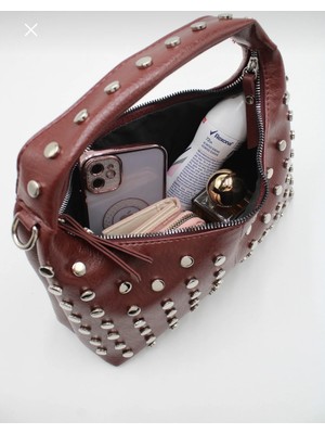 Nevalia Bordo Zımbalı Kadın Omuz Çantası – El ve Ayarlanabilir Askılı, Fermuarlı, Günlük Şık El Çantası