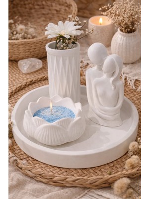 Aksesuar Kuşu 4 Parça Dekoratif Set Sarılan Çift, Geometrik Vazo, Lotus Çiçeği Mumluk ve Tepsi - Vernikli