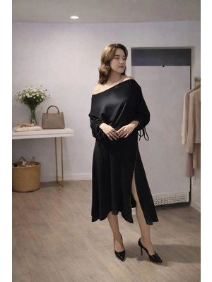 Mare Butik Asimetrik Yaka Deri Görünümlü Detaylı Siyah Ikili Takım M