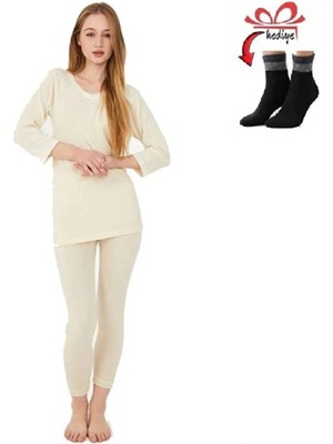 Kadın Uzun Kol Saf Yünden Fanila Takımı+Bilek Üstü Yarım Çorap Hediye