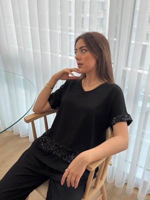 Modatıkla Kadın Kısa Kollu V Yakalı Pul Payetli Viskon Iki Iplik Bluz ve Pantolon Ikili Takım