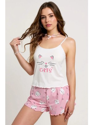Findit Renkli Kedi Desenli Askılı Şortlu Kadın Pijama Takımı