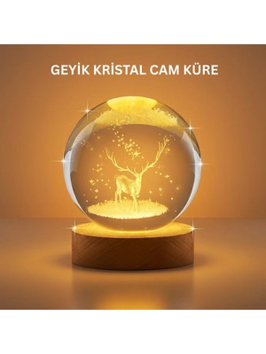 Timion 3D Geyik Desenli Kristal Küre USB Işıklı Ahşap Tabanlı Oda Lambası
