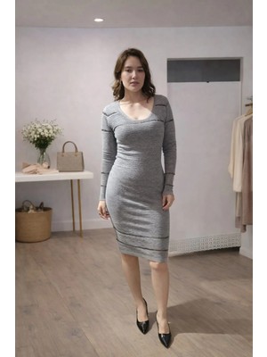 Mare Butik Işıltılı Fitilli Triko Elbise – Siyah & Gri M - Gri