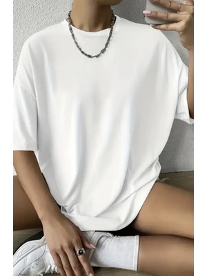 Punix Büyük Beden Özel Seri Baskısız Düz Renk %100 Pamuk Oversize Battal Kadın Basıc T-Shirt