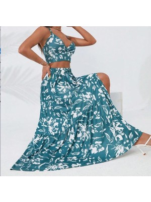 Modatıkla Kadın Ince Askılı Çiçek Baskı Desenli Crop Yırtmaçlı Etek Ikili Süprem Takım