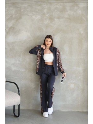 Modatıkla Osy Modal Yumuşak Dokulu Kumaş  Kapüşonlu Leopar Desenli Fermuarlı Takım - Antrasit