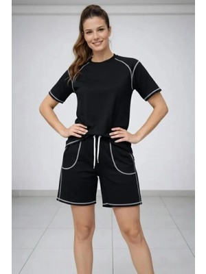 Modatıkla Spor Tişört Şort Takım Kontrast Dikiş Detaylı Ovarsize Rahat Kalıp - Siyah
