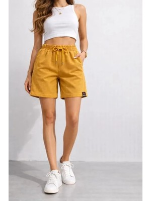 Modatıkla Dokuma Otoban Şort Beli Lastikli Bağcıklı, Cepli, Rahat Kesim Günlük Yazlık Şort - Hardal