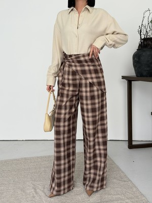 Boom Bester Kadın Ekoseli Palazzo Pantolon – Yüksek Bel Şallı Bol Paça Premium Pantolon Yeni Sezon