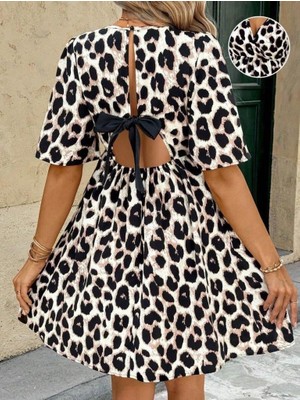 Mareandpanda Kadın Kısa Kollu Kruvaze Yakalı Leopar Desenli Mini Süprem Elbise