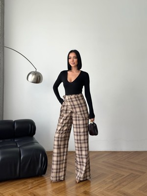 Boom Bester Kadın Ekoseli Palazzo Pantolon – Yüksek Bel Şallı Bol Paça Premium Pantolon Yeni Sezon