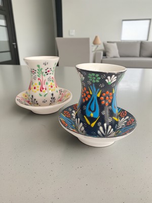 Artistic Quality Dekoratif 2 Kişilik Şık Lale Çini Tasarımlı Tamamen El Yapımı Çay Bardağı Seti