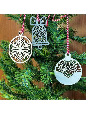 By Nevser® 10 Parça Kırmızı Beyaz Ipli Karışık Model Ahşap Yılbaşı Ağaç Süsü