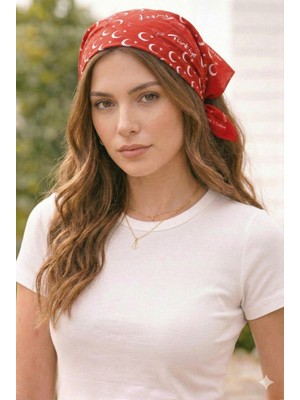 Sibel Günay Butik Türkiye Haritalı Ay Yıldız Baskılı Kırmızı Fular 25'li / Bandana | Unisex | 52*53 cm