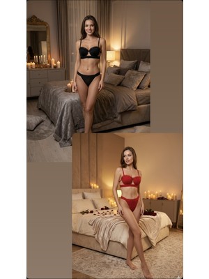 Trend Dokunuş Kadın 2'li Istiridye Model Kırmızı-Siyah Saten Şeritli Tül Detaylı Dolgulu Sütyen Külot Takımı