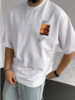 Amor Man Büyük Beden Özel Tasarım Beach Gün Batımı Baskılı %100 Pamuk Yeni Trend Battal Erkek  T-Shirt