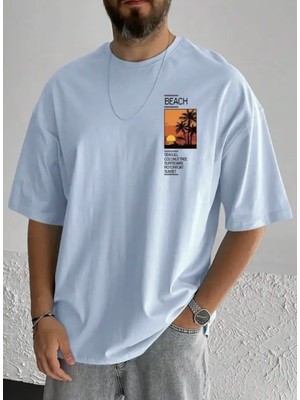 Amor Man Büyük Beden Özel Tasarım Beach Gün Batımı Baskılı %100 Pamuk Yeni Trend Battal Erkek  T-Shirt