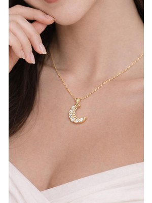 No Name Çelik Gold Desenli Taşlı Hilal Kolye