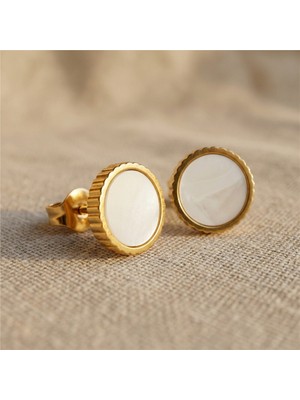 Zeino Yuvarlak Beyaz Sedefli Çelik Küpe - 18K Altın Rengi Kaplama 9 mm Çap