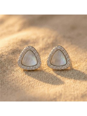 Zeino Üçgen Beyaz Sedefli Zirkon Taşlı Küpe - 925 Ayar Gümüş Çivili - Beyaz Altın Kaplama 8 mm