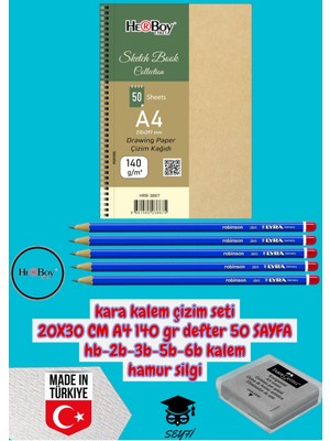 Kara Kalem Çizim Seti 20X30 cm A4 140 gr Defter 50 Sayfa Hb-2b-3b-5b-6b Kalem Hamur Silgi