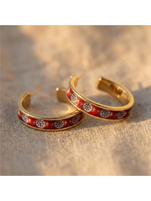 Zeino Bordo Mavi Beyaz Renkli Yarım Halka Küpe - 14K Altın Rengi Kaplama 2,5 cm