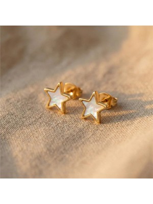 Zeino Yıldız Beyaz Sedefli Çelik Küpe - 18K Altın Rengi Kaplama 9 mm