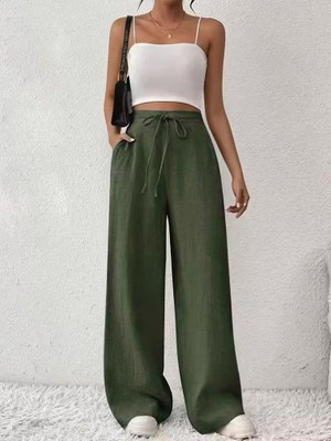 Mareandpanda Kadın Yüksek Bel Önden Bağlamalı Geniş Kesim Keten Pantolon