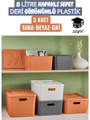 8 Litre Kapaklı Sepet Deri Görünümlü Plastik 3 Adet Taba-Beyaz-Gri