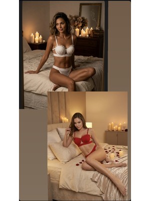 Trend Dokunuş Kadın 2'li Istiridye Model Ekru-Kırmızı Saten Şeritli Tül Detaylı Dolgulu Sütyen  Külot Takımı